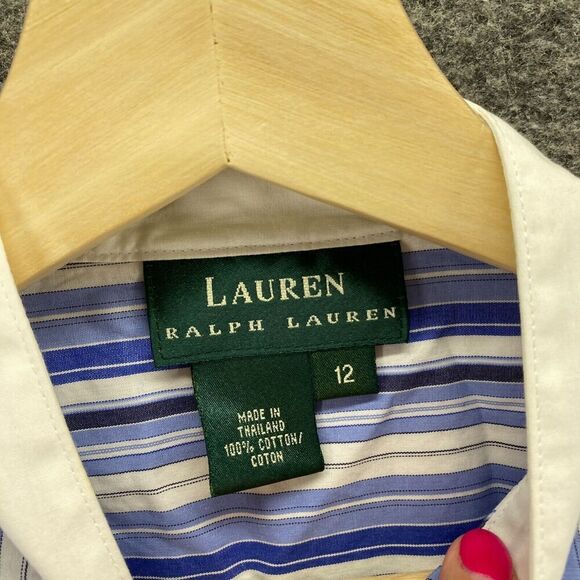 Ralph Lauren Shirt Women 12 Blue Striped Button Up Crew Neck Long Sleeve Cotton - Picture 5 of 8